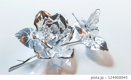 A crystal rose with a butterfly fluttering beside it, on a bright white background 124908945