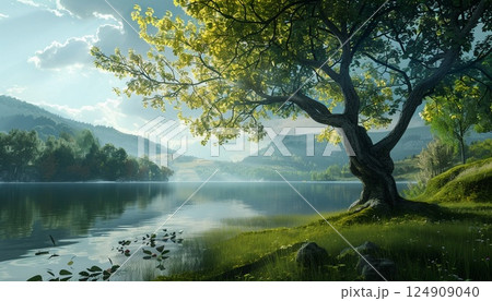 A serene landscape illustration featuring a solitary tree and a calm lake 124909040