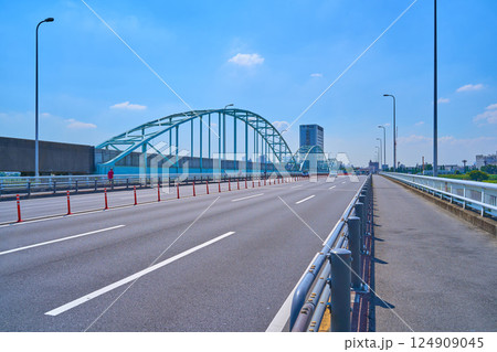 東京都大田区矢口から多摩川に架かる多摩川大橋と多摩川専用橋方面を見る 124909045