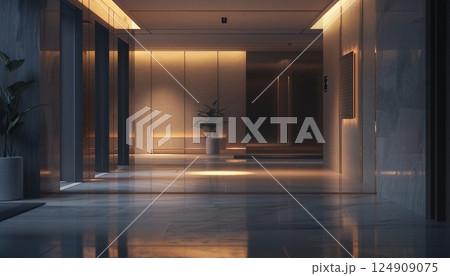 Minimalist office space with hidden technology and smart lighting 124909075
