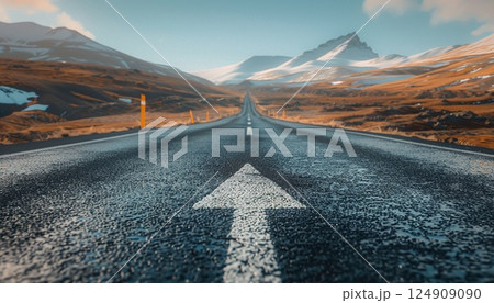 A straight road with an arrow marking the direction 124909090