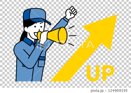 A woman in overalls cheering with a rising arrow and a megaphone 124909195