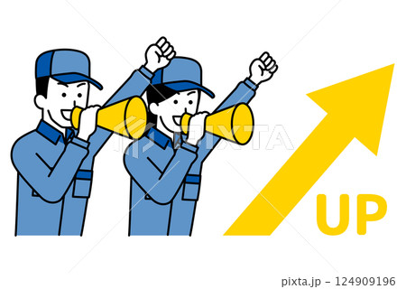 上昇する矢印とメガホンで応援するつなぎ作業服の男女 上昇する矢印とメガホンで応援するつなぎ作業服の男女 124909196