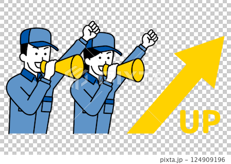 Men and women in overalls cheering with rising arrows and megaphones 124909196