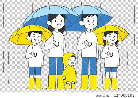 雨の中で傘をさしている家族5人 124909198