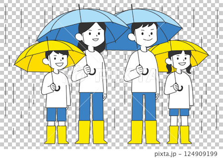 雨の中で傘をさしている家族4人 124909199