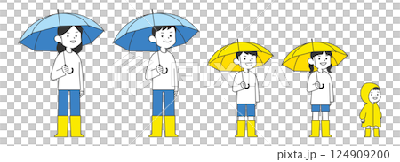 Adults and children holding umbrellas in the rain 124909200