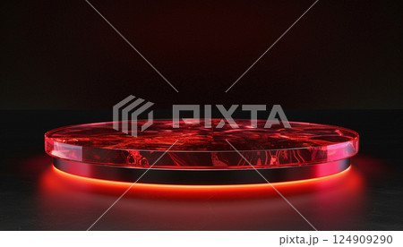 A mockup-ready red-lit podium on a dark background 124909290