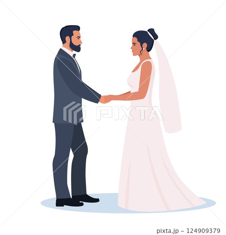 Wedding couple. Bride and groom in formal clothes on wedding day, marriage ceremony. Just married love couple, newlyweds. Vector illustration. 124909379