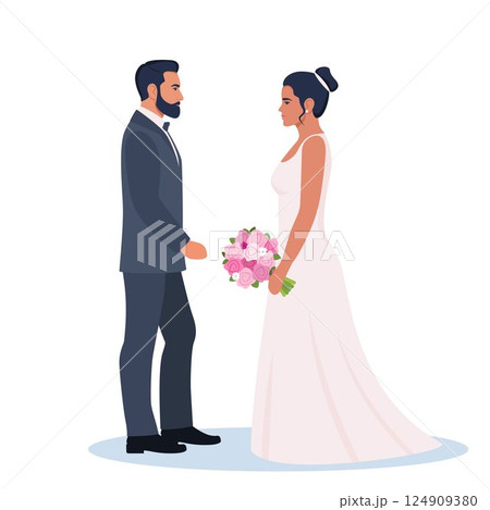 Wedding couple. Bride and groom in formal clothes on wedding day, marriage ceremony. Just married love couple, newlyweds. Vector illustration. Wedding couple. Bride and groom in formal clothes on wedding day, marriage ceremony. Just married love couple, newlyweds. Vector illustration. 124909380