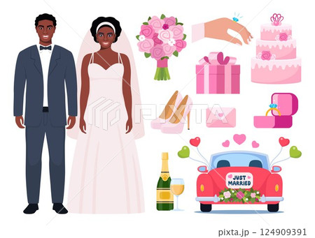 Groom and bride. Wedding accessories, decorations set. Party, proposal, wedding, anniversary elements. Celebrate marriage, save the date ceremony. Vector illustration. 124909391