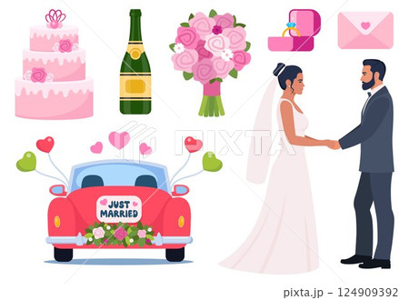 Groom and bride. Wedding accessories, decorations set. Party, proposal, wedding, anniversary elements. Celebrate marriage, save the date ceremony. Vector illustration. 124909392