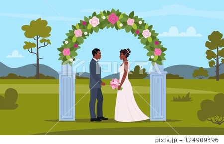 Decorated arch for wedding ceremony. Black wedding couple. Bride and groom in formal clothes on wedding day, marriage ceremony. Wedding arch. Just married love couple, newlyweds. Vector illustration. Decorated arch for wedding ceremony. Black wedding couple. Bride and groom in formal clothes on wedding day, marriage ceremony. Wedding arch. Just married love couple, newlyweds. Vector illustration. 124909396