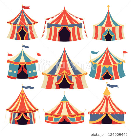 Vector set of circus vintage tents isolated from background. Collection of carnival marquee clip arts Vector set of circus vintage tents isolated from background. Collection of carnival marquee clip arts 124909443