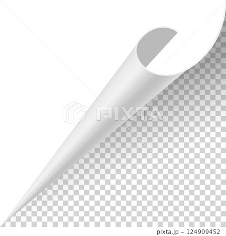Curled paper corner. Curve page corner, page edge curl and bent paper sheet with realistic shadow. Paper corner fold isolated on white background Curled paper corner. Curve page corner, page edge curl and bent paper sheet with realistic shadow. Paper corner fold isolated on white background 124909452