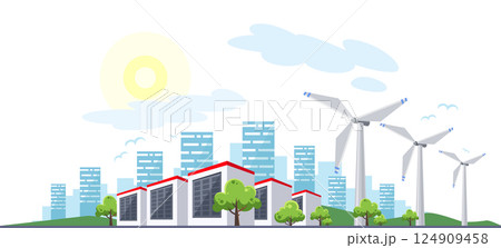 Clean electric energy concept. Renewable electricity resource from solar panels and wind turbines. Ecological change of the future. City skyline and nature landscape on background 124909458