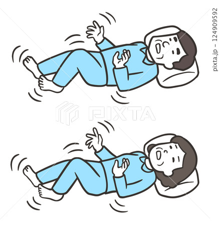 入眠時ミオクローヌスを起こしている中年男性と女性、痙攣 124909592