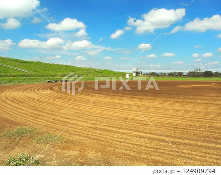秋の整地された江戸川河川敷の野球場風景 124909794