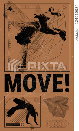 Poster. Modern composite artwork. Jumping dancer in sepia tone layered over angular lines, rulers, and distorted mapping. Brutalist style. 124910084