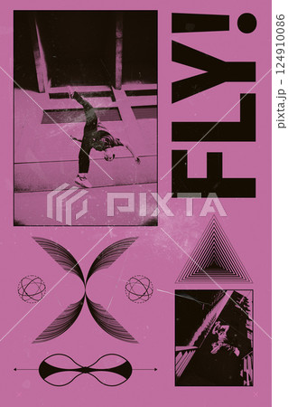 Poster. Conceptual art collage. Skater performing trick mid-air framed in pink tones with visual echoes of symmetry and motion. Brutalism style. 124910086