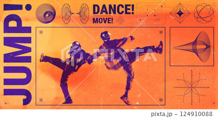 Poster. Contemporary art collage. Two dancers in full motion kick pose set against vivid orange background with math-inspired shapes. Brutalism style 124910088