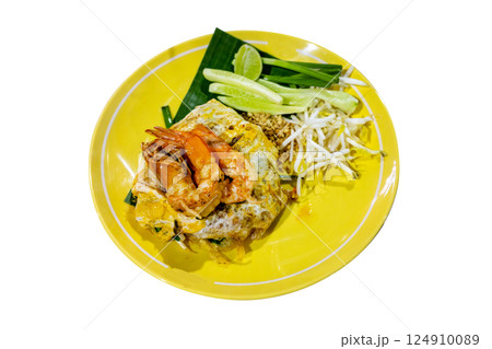 Top view of Prawn Pad Thai in yellow dish, focus selective 124910089