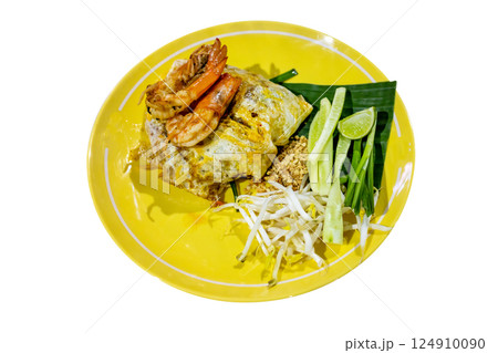 Top view of Prawn Pad Thai in yellow dish, focus selective 124910090