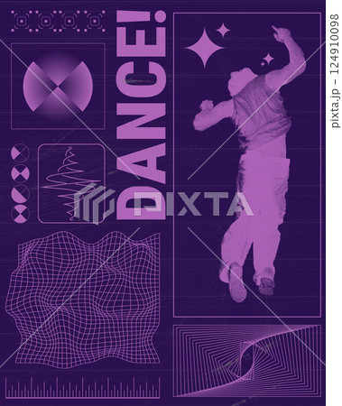 Poster. Contemporary art collage. Dancer frozen mid-air surrounded by geometric patterns and radial graphics in vibrant magenta tones. Brutalism style. Poster. Contemporary art collage. Dancer frozen mid-air surrounded by geometric patterns and radial graphics in vibrant magenta tones. Brutalism style. 124910098