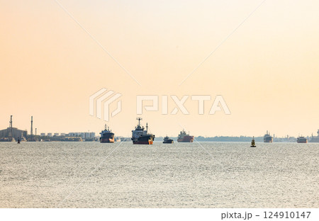 Panorama view of ocean liner, Cargo Ship, Thanker going to port in Thai gulf zone near Samutprakarn province, Thailand. 124910147