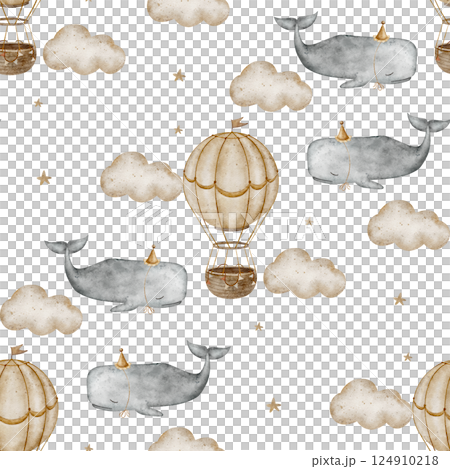 Watercolor pattern illustration vintage gray sperm whale, balloons flying in the clouds. Seamless print background in cartoon style for children's design, fabric, clothes kids, textile, wallpaper 124910218
