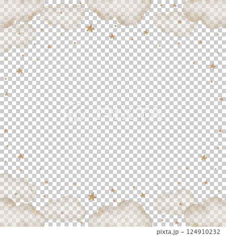 Watercolor illustration of stars, clouds, dreams, baby's sleep. Hand-drawn frame in beige pastel colors. Template for children's cards, invitations, posters, holiday, wallpaper, printing, packaging 124910232