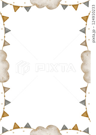 Festive frame garland of flags, beige clouds, dots. Watercolor illustration in vintage style in retro color for design of children's invitations, cards, posters, templates, holiday, baby's birthday Festive frame garland of flags, beige clouds, dots. Watercolor illustration in vintage style in retro color for design of children's invitations, cards, posters, templates, holiday, baby's birthday 124910233