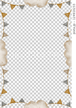 Festive frame garland of flags, beige clouds, dots. Watercolor illustration in vintage style in retro color for design of children's invitations, cards, posters, templates, holiday, baby's birthday Festive frame garland of flags, beige clouds, dots. Watercolor illustration in vintage style in retro color for design of children's invitations, cards, posters, templates, holiday, baby's birthday 124910233