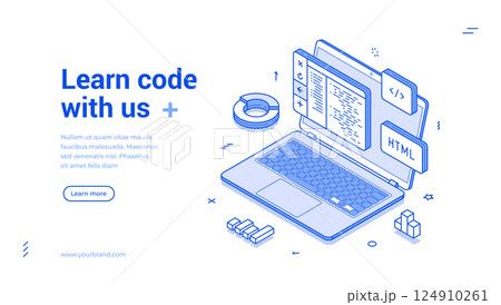 Programming coding soft development course isometric web banner monochrome vector illustration Programming coding soft development course isometric web banner monochrome vector illustration 124910261