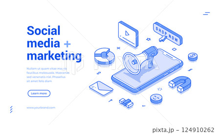 Social media marketing internet advertising SMM mobile promo web banner monochrome isometric vector 124910262