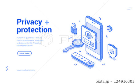 Privacy protection user personal account secure smartphone application isometric web banner vector Privacy protection user personal account secure smartphone application isometric web banner vector 124910303