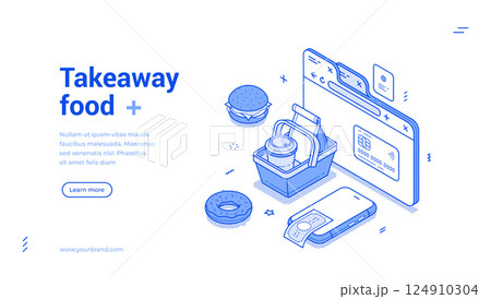 Takeaway food order delivery internet courier service isometric web banner vector illustration Takeaway food order delivery internet courier service isometric web banner vector illustration 124910304
