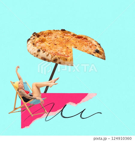 Young woman lounging in beach chair in swimsuit under pizza slice as umbrella against mint background. Contemporary art collage. Young woman lounging in beach chair in swimsuit under pizza slice as umbrella against mint background. Contemporary art collage. 124910360