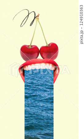 Open female mouth with cherry eyes devours ocean stream in surreal vertical cutout. Summer fun and whimsical design. Contemporary art collage. 124910363