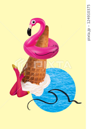 Ice cream cone with woman legs in pink stockings and pink flamingo float atop against light yellow background with abstract sea. Contemporary art collage. 124910375