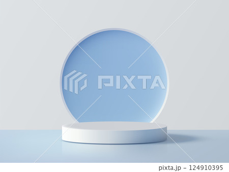 white cylindrical pedestal mockup on light blue background, minimal product display showcase, 3d clean modern design 124910395