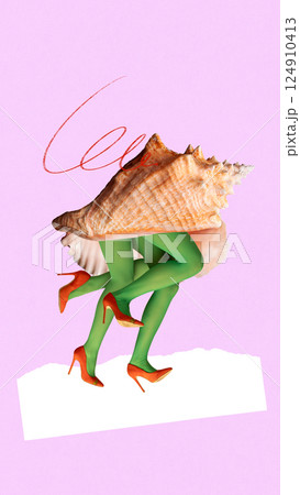 Green-stockinged legs in red heels walking with giant seashell on top against pink background. Green-stockinged legs in red heels walking with giant seashell on top against pink background. 124910413