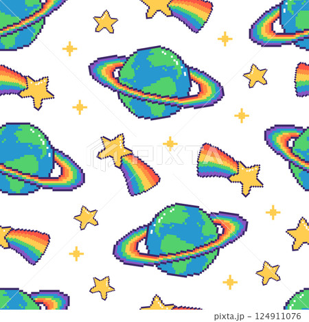 Seamless pattern with pixel planets, stars and rainbow on white background. Hand drawn vector illustration for LGBT pride month. Seamless pattern with pixel planets, stars and rainbow on white background. Hand drawn vector illustration for LGBT pride month. 124911076