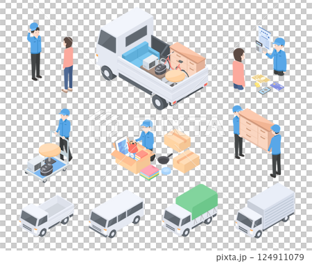 Isometric illustration set of movers and junk collectors 124911079