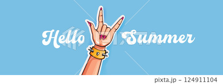 Hello Summer Rock On Vector Female Hand with Devil Horns, Spiked Bracelet and Pink Nails on blue Background with Good Vibes Only Text, Cheerful Summer Design 124911104