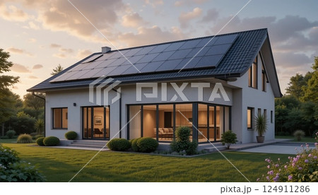 Modern Eco Friendly House with Solar Panels on Roof in Green Suburban Landscape. 124911286