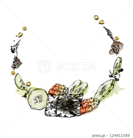 Traditional Japanese food, gunkan sushi with raw fish salmon caviar, rice, cucumber slices, nori flakes, hand drawn in watercolor and ink. Wreath frame for restaurant, cafe menu, kitchen, recipe book Traditional Japanese food, gunkan sushi with raw fish salmon caviar, rice, cucumber slices, nori flakes, hand drawn in watercolor and ink. Wreath frame for restaurant, cafe menu, kitchen, recipe book 124911389