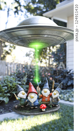 Garden gnomes encountering UFO with green light in whimsical scene Garden gnomes encountering UFO with green light in whimsical scene 124911410