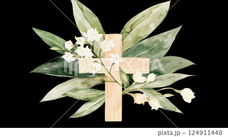 Chrismation symbol with wooden cross and lily of the valley flowers 124911448