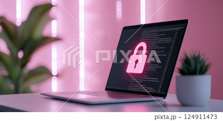 Laptop with red glowing padlock and code on screen in neon pink room 124911473